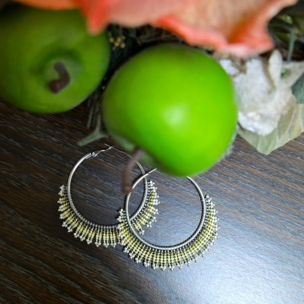 Beautiful handcrafted Miyuki beaded silver tone hoop earrings hypoallergenic